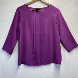 Ann Taylor Semi-Sheer Pleated Front 3/4 Sleeve Boat Neck Blouse Women XS Purple